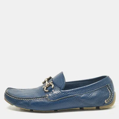 Pre-owned Ferragamo Blue Leather Parigi Slip On Loafers Size 39.5