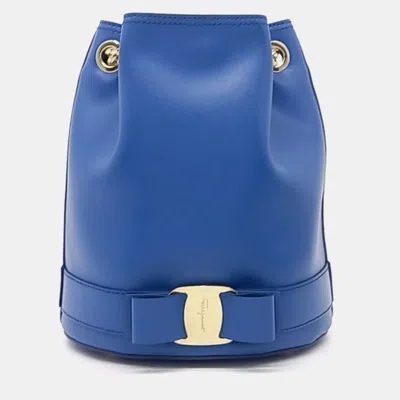 Pre-owned Ferragamo Blue Leather Vara Bow Bucket Bag