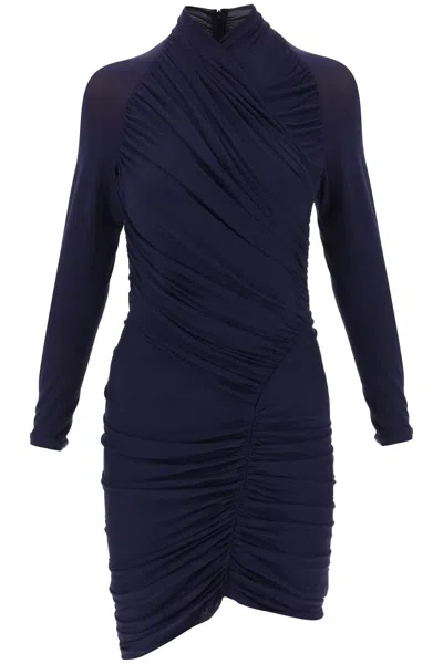 Ferragamo Blue Long-sleeved Draped Mini Dress For Women In Multicolor