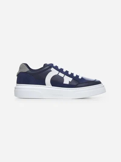 Ferragamo Low Top Trainer With Gancini Outline In Blue
