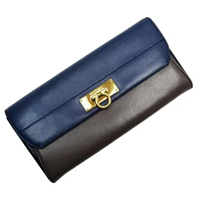 Pre-owned Ferragamo Blue Navy Leather Long Wallet (bi-fold) () In Multi