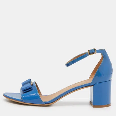 Pre-owned Ferragamo Blue Patent Leather Block Heel Ankle Sandals Size 40