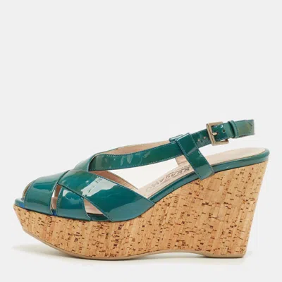 Ferragamo Blue Patent Leather Cork Wedge Slingback Sandals In Multi