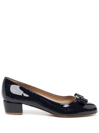 Ferragamo Black Leather Bow Detail Pumps For Women With Mid Block Heel