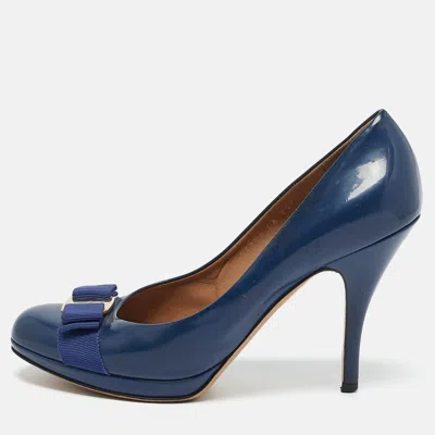 Pre-owned Ferragamo Blue Patent Leather Vara Bow Pumps Size 39