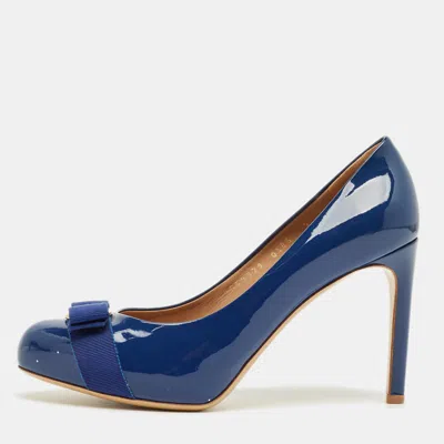 Pre-owned Ferragamo Blue Patent Leather Vara Bow Pumps Size 39.5