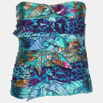 Pre-owned Ferragamo Blue Printed Silk Bow Tube Top M