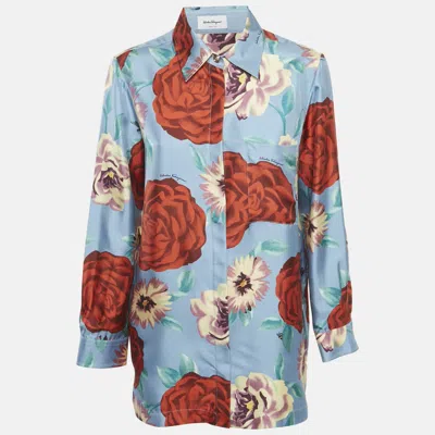 Pre-owned Ferragamo Blue Rose Print Silk Long Sleeve Shirt M