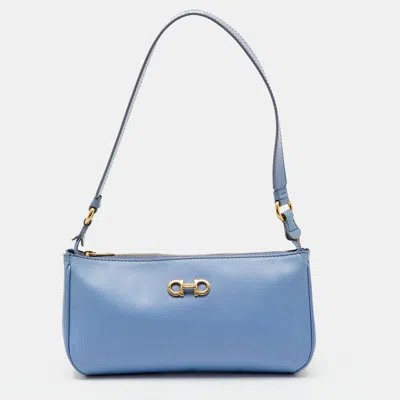 Pre-owned Ferragamo Blue Saffiano Leather Gancini Shoulder Bag