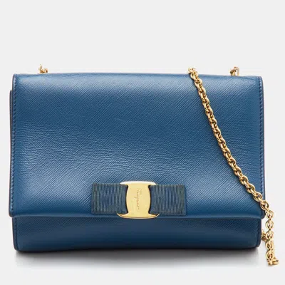 Pre-owned Ferragamo Blue Saffiano Leather Vara Bow Flap Shoulder Bag