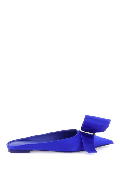 Ferragamo Blue Single Maxi Bow Satin Flats With Leather Lining For Women