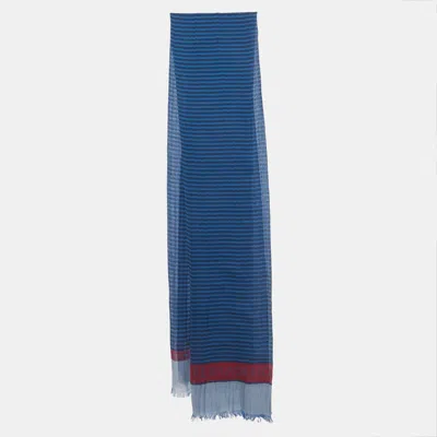 Pre-owned Ferragamo Blue Striped Printed Cotton Fringed Scarf