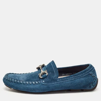 Pre-owned Ferragamo Blue Suede Gancini Loafers Size 40.5