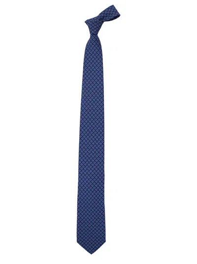 Ferragamo Blue Tie With Gancini Print In Silk Man In Navy