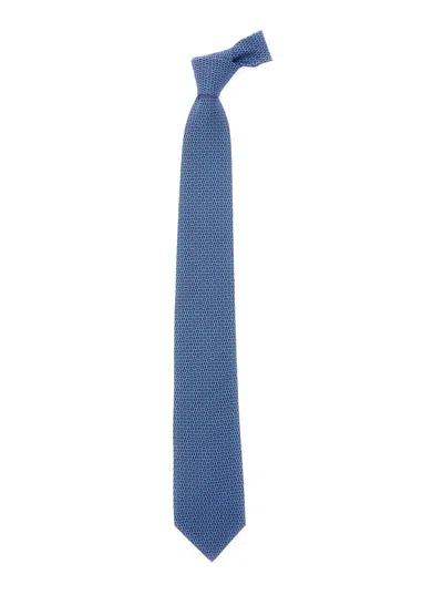 Ferragamo Blue Tie With Rear Tie Closure And All-over Gancini Print In Silk Man