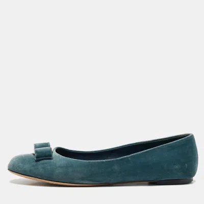 Pre-owned Ferragamo Blue Velvet Vara Bow Ballet Flats Size 40