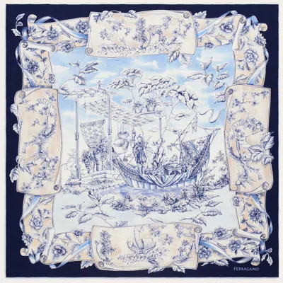 Ferragamo Blue Voyage Print Silk Scarf In Orange
