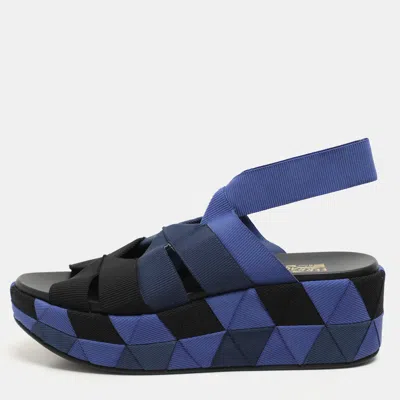 Pre-owned Ferragamo Blue/black Colorblock Stretch Fabric Wedge Platform Sandals Size 39