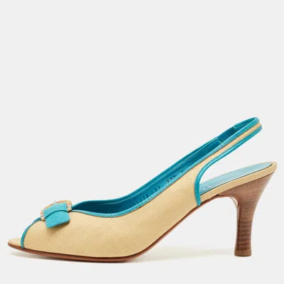 Ferragamo Blue/cream Leather And Raffia Anah Slingback Pumps