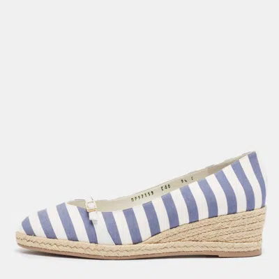 Ferragamo Blue/white Striped Fabric Audrey Wedge Espadrille Pumps