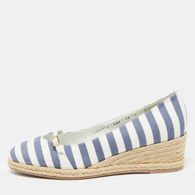 Pre-owned Ferragamo Blue/white Striped Fabric Audrey Wedge Espadrille Pumps Size 40.5