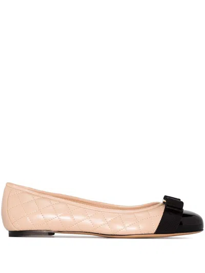 FERRAGAMO BLUSH PINK QUILTED LEATHER BALLET FLATS WITH GOLD BUCKLE DETAIL