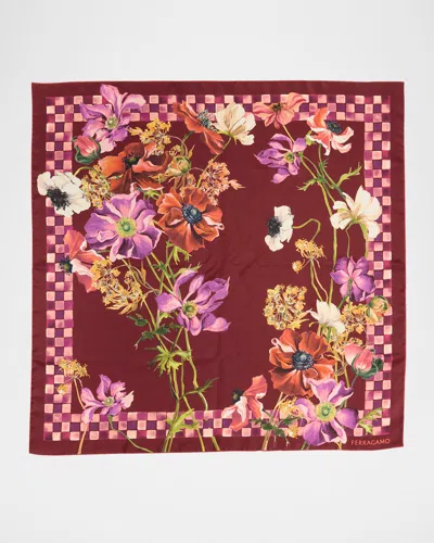 Ferragamo Bordeaux Flower Print Silk Foulard Scarf