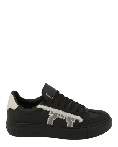 Ferragamo Borg Leather Low-top Sneakers In Black