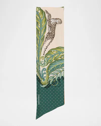 Ferragamo Botanical Animal-print Silk Scarf In Green