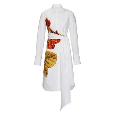 Ferragamo Botanical Print Shirt Dress In Bone In White