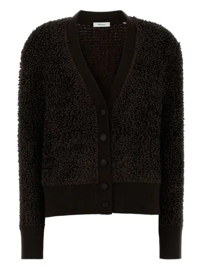 Ferragamo Textured Knit Cardigan With Ribbed Cuffs And Hem In Brown
