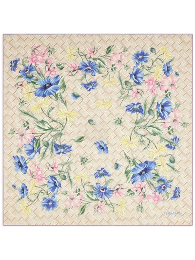 Ferragamo Bouquet Printed Silk Scarf In Blue