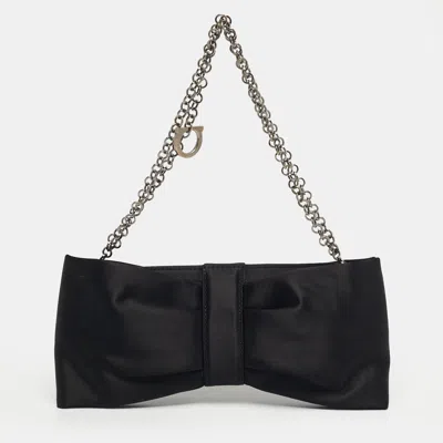 Pre-owned Ferragamo Bow Black Satin Chain Clutch