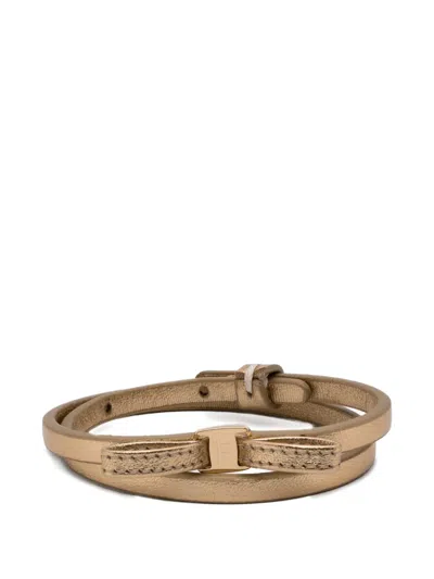 Ferragamo Metallic Leather Bracelet Featuring Bow Detail In Brown