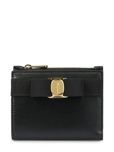 Ferragamo Bow-detail Smooth Split Calf Leather Wallet In Black