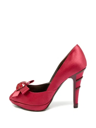 Pre-owned Ferragamo Bow-embellishment Peep-toe Pumps In Red