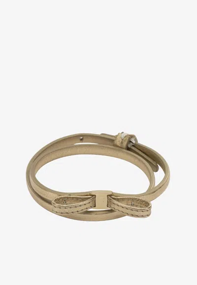 Ferragamo Bow Leather Double Bracelet In Gold