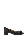 Ferragamo Vara Q Bow-embellished Quilted Patent-leather Pumps In Blue