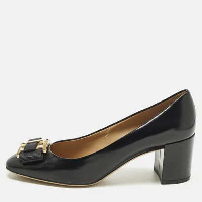 Pre-owned Ferragamo Bow Size 38 Black Patent Leather Block Heel Pumps