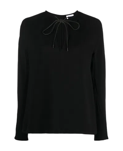 Ferragamo Gathered Tie Neck Long Sleeve Top In Black