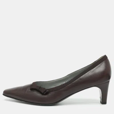 Pre-owned Ferragamo Bow Tie Size 38.5 Burgundy Leather Pumps