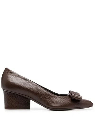 Ferragamo Bow-detail Block Heel Pump In Brown
