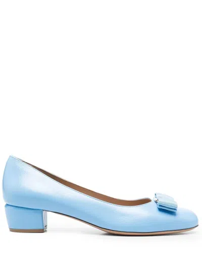 Ferragamo Bow-embellished Kitten Heel Pump In Blue