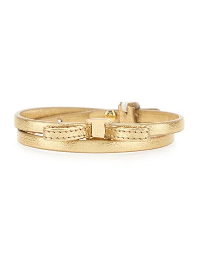 Ferragamo Bow Leather Bracelet In Gold