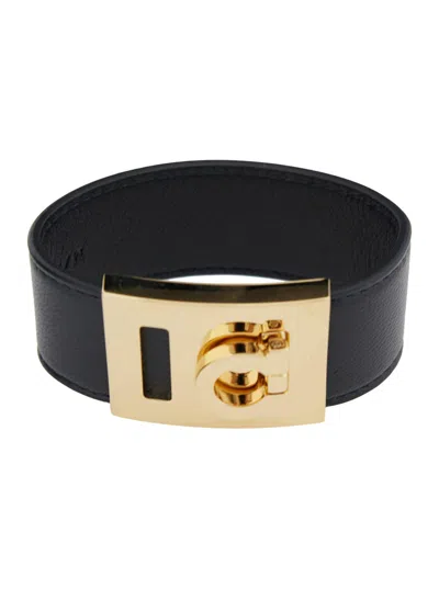 Ferragamo Hug Black Bracelet With Gancini Detail In Smooth Leather Woman In Metallic