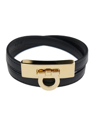 Ferragamo Gancini Black Double Twist Bracelet In Leather Woman