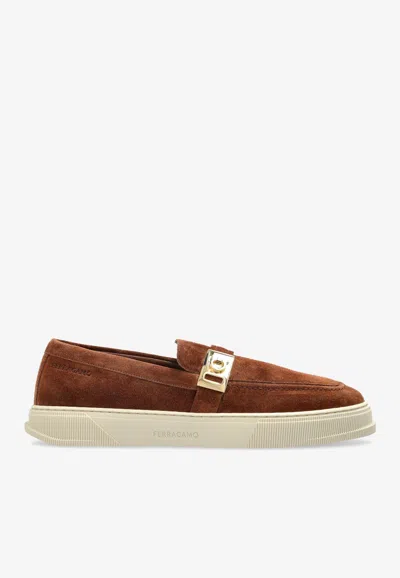Ferragamo Round-toe Slip-on Loafers In Brown