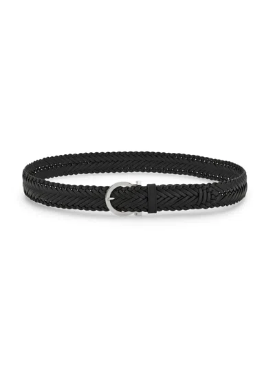 Ferragamo Braided Calfskin Leather Belt With Polished Silver-tone Buckle In Black