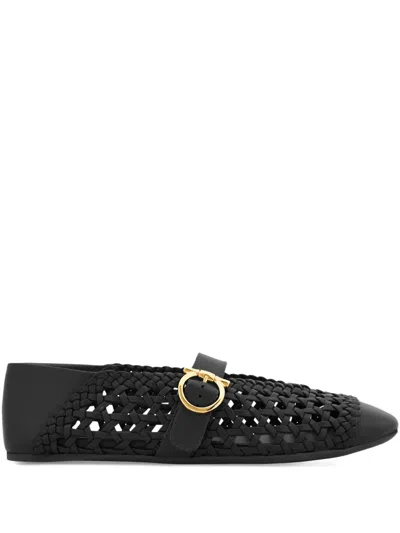 Ferragamo Braided Gancini-buckle Ballet Flats In Black