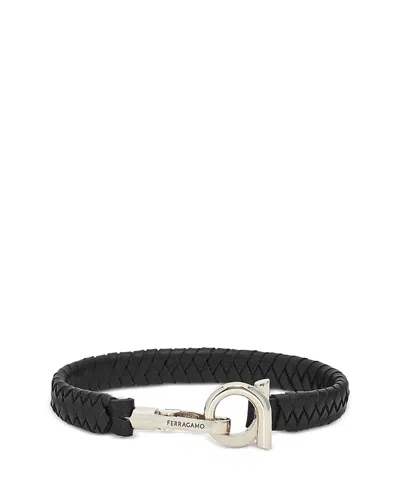 Ferragamo Braided Leather And Brass Bracelet In Black